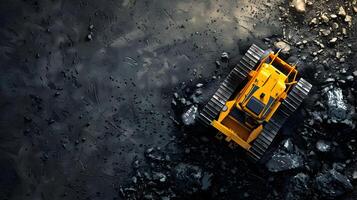A yellow bulldozer is sitting on top of a rocky surface photo
