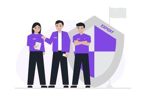 A diverse team of specialist professionals in purple uniforms stands confidently before an Expert shield, symbolizing their specialized expertise and teamwork. One holds a tablet. vector