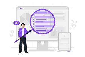 A business analyst examining data on a large screen with a magnifying glass, symbolizing thorough data analysis and insights, with charts and graphs in the background. vector