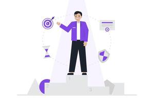 A confident specialist standing at a podium symbolizing success and achievement, surrounded by icons representing skills, goals, and time management in modern flat design style. vector