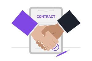 A consultant and client professional handshake symbolizes a successful agreement and trusted partnership, with contract documents and a pen in the background. vector