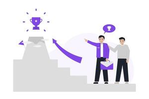A consultant guiding a client up a staircase towards a trophy, symbolizing strategic mentorship and goal achievement through a professional roadmap. vector