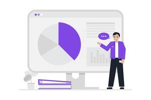 A data specialist presenting analytical insights on a large screen, featuring detailed pie charts and bar graphs, with the individual gesturing confidently while conveying expert analysis. vector