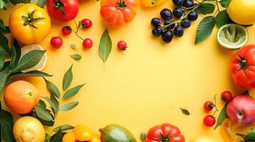 Various fruits and vegetables arranged in a circle on a yellow background photo