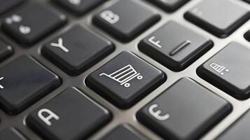 A close up of a keyboard with a shopping cart icon photo