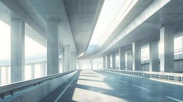 An empty highway with concrete pillars and a road photo