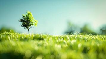 A small tree is standing in a field of grass photo