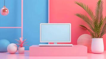 A computer monitor and a plant on a pink and blue background photo
