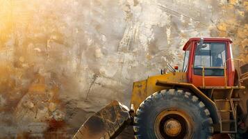 A large bulldozer is parked in front of a wall photo