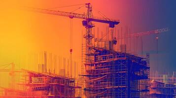 Construction crane on construction site with building in background photo