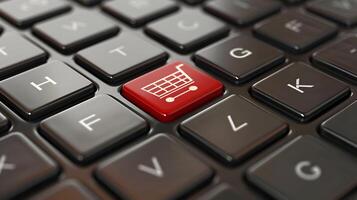 A red shopping cart button is on a black keyboard photo