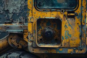 A close up of a rusty yellow bulldozer photo