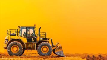 A yellow bulldozer on a dirt field photo