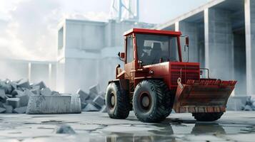 A red bulldozer is parked in front of a building photo