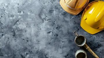 Construction equipment and hard hats on a concrete surface photo