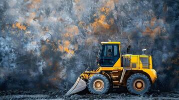 A yellow bulldozer is parked in front of a wall photo