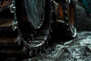 A close up of a tractor tire on a muddy road photo