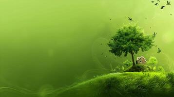 Green house on a hill with birds flying around it photo
