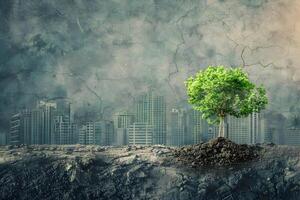A tree growing out of the ground in front of a city photo