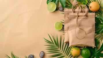 Tropical fruit and vegetables with paper bags on a beige background photo