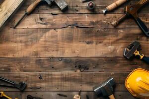 Tools on a wooden table with space for text photo