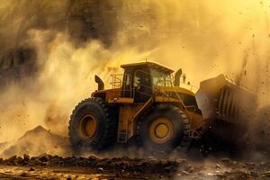A bulldozer is driving through a dirt field photo
