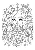 Portrait of a cute girl whose hair is decorated with flowers. Coloring page for children and adults. Illustration for coloring. vector
