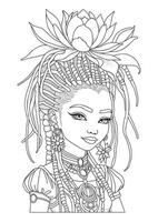 Portrait of a beautiful girl with dreadlocks decorated with a lotus flower. Coloring page. Illustration for coloring. vector