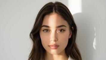 Portrait of Young Woman with Elegant Features and Radiant Complexion photo