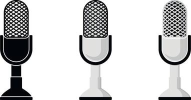 Set of three minimal black and white microphone icons, perfect for podcast, stream, audio apps, or studio branding. Transparent background. vector