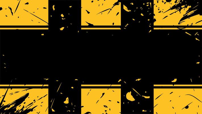 Grunge safety warning banner with yellow and black blocks, splatter texture and empty center for text. Ideal for caution signs, construction zones, or alert messages.