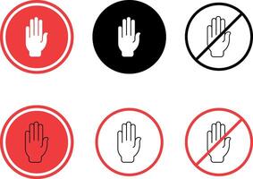 Set of red warning and prohibition signs with hand symbols. Includes solid, outline, and empty circle variations. Useful for safety, alert, and restriction concepts. vector