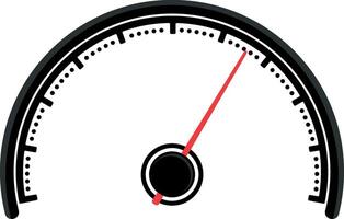 Minimalistic black speedometer with red arrow, simple dashboard gauge icon isolated on transparent background, flat illustration vector
