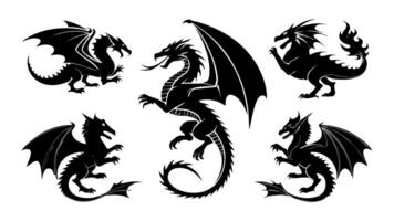 Five different black silhouettes of mythical creatures dragons spreading their wings and showing claws, roaring and breathing fire vector