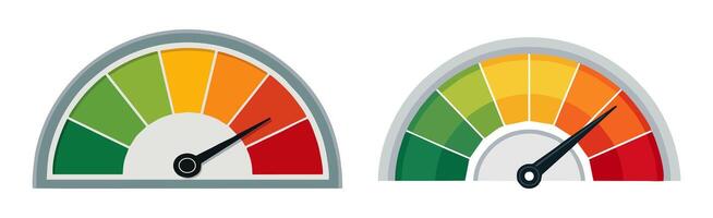 Performance indicators showing speedometer gauges varying from green success to red warning signals vector