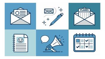 Business communication icons displaying megaphone, mail, calendar, notebook, representing strategic marketing tools and corporate connectivity vector