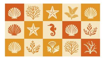 Marine pattern with orange beige checks, displaying seashells, starfish, seahorses, and seaweeds in seamless design for coastal inspired graphics vector