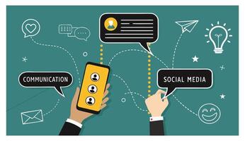 Hands holding smartphone and using social media for business communication, marketing, online chatting and sending messages vector