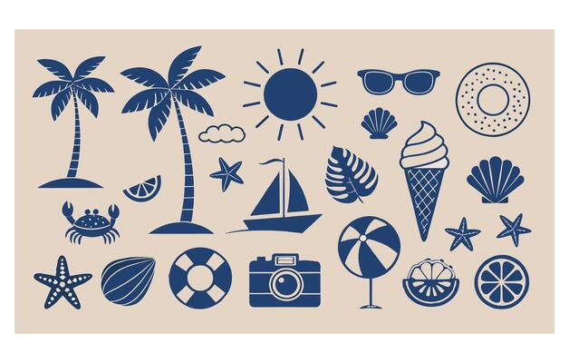Summer vacation icons featuring palm trees, sunglasses, seashells, sailboat, beach ball, camera, sun, and ice cream symbolizing seaside leisure and relaxation