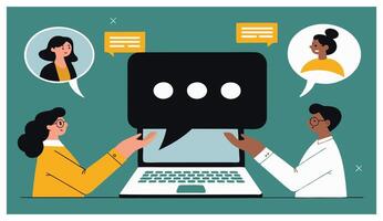 Office workers using laptop for conference and chatting with colleagues, online communication and teamwork concept vector