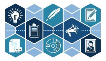 Content marketing strategy planning process with icons representing idea, writing, advertising, data analysis, and employee vector