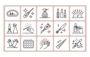 Set of icons representing manicure and makeup process, featuring tools, products, and actions related to beauty treatments vector