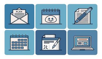 Icons representing planning activities, including scheduling, email, signing contracts, and working with laptop vector