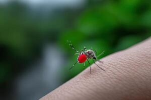 Close-up view of a mosquito feeding on human skin in a natural environment photo