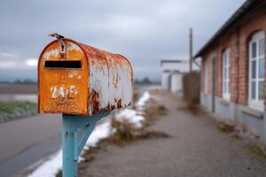 Rusty mailbox stands by an old building on a quiet path during cloudy day photo