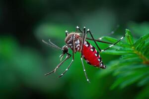 Close-up view of a mosquito feeding on plant nectar in a lush green setting photo