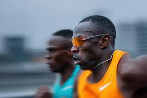Runners compete in an urban marathon under overcast skies in a dynamic city environment photo