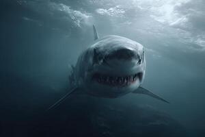 Great white shark gliding through ocean depths in search of food photo
