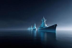 Ghostly fleet of futuristic ships sailing on dark water at night creating an ethereal atmosphere photo