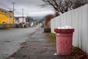Bright red trash bin sits on a quiet street during a cloudy afternoon photo
